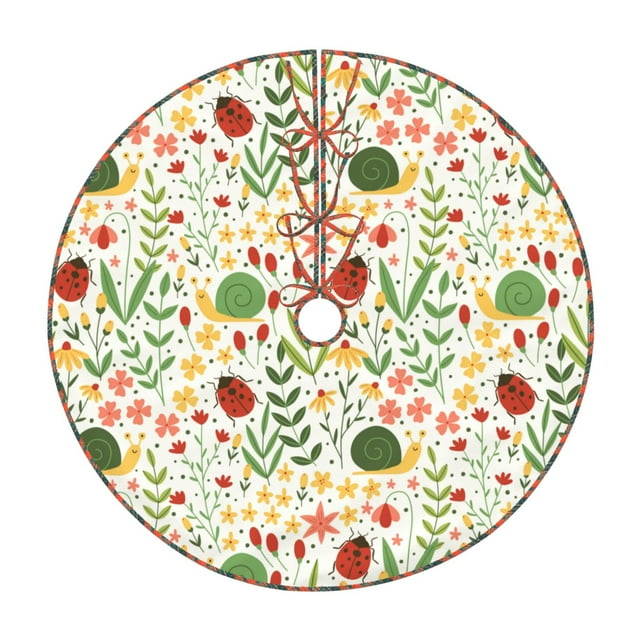 Fotbe Ladybug And Wild Flowers Pattern Christmas Tree Skirt, Tree Skirts Plush Christmas Decorations, Christmas Tree Skirts Xmas Decorations Holiday Party Decor-30"
