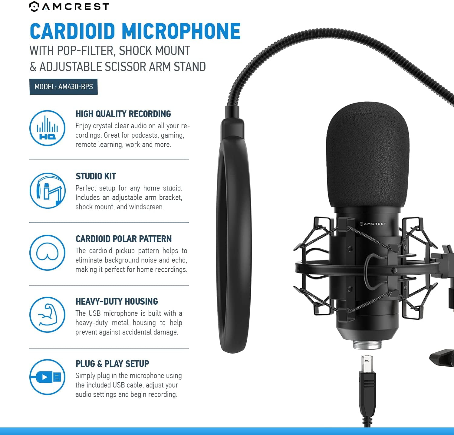 Amcrest USB Microphone for Voice Recordings, Podcasts, Gaming, Online Conferences, Live Streaming, Cardioid Microphone with Boom Arm, Pop-Filter, Shock Mount, AM430-BPS