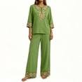 thumbnail image 5 of Floleo Women Boho Two Piece Outfit V Neck 3/4 Sleeve Floral Print Top Wide Leg Pants Vacation Matching Set, 5 of 7