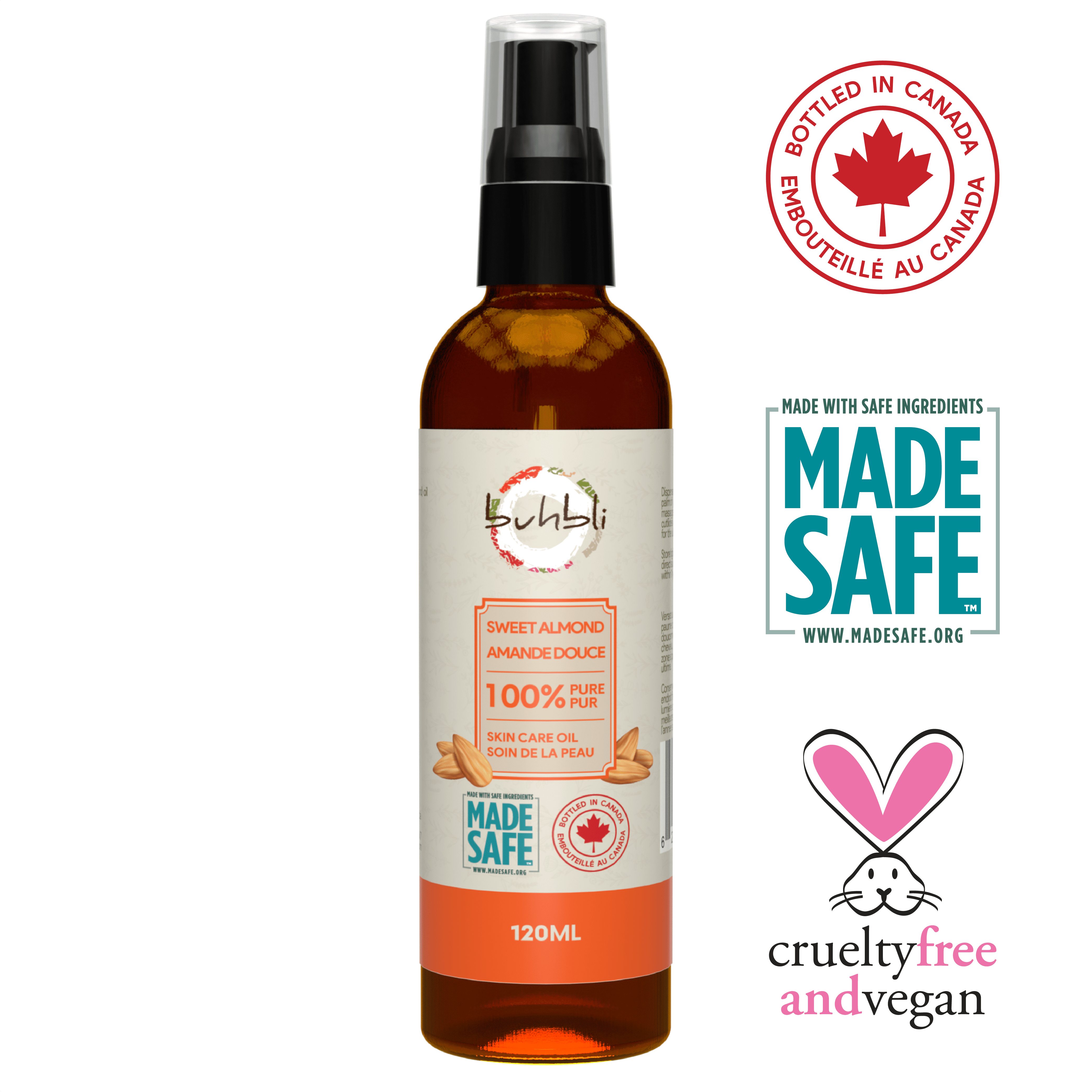 Buhbli Brands - Sweet Almond Oil, 120ml, 100% Pure & Natural - Bottled in Canada