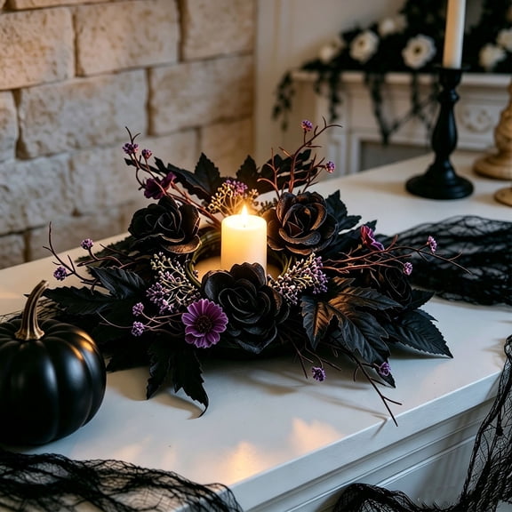 Halloween Rose Candle Wreath, Black Faux Roses and Maple Leaf Decorative Ring with Festive Design, Tabletop Candle Holder Centerpiece for Home Party Holiday Decor, Black
