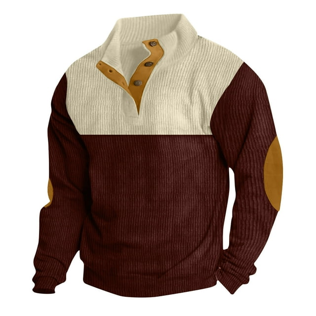 Besolor Mens Corduroy Sweatshirts Color Block Lapel Collar Button up Pullover Mock Neck Long Sleeve Sweaters Tops
