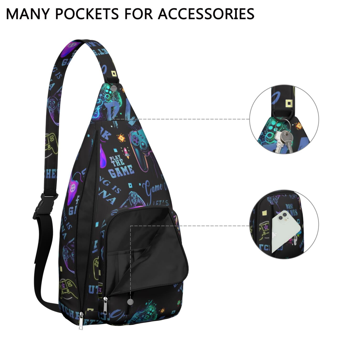 Gaming Controller Print Sling Bag&nbsp;- Cool Retro Joystick Pattern Crossbody Backpack for Gamers, Water-Resistant Shoulder Pack (Colorful Graffiti Design, Lightweight & Durable)