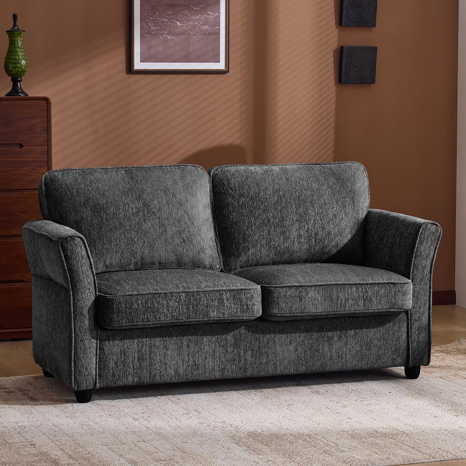 Ktaxon 68" Loveseat Sofa, 2-Seater Chenille Fabric Couch, Compact Sofa for Living Room, Bedroom, Apartment, Small Places Dark Gray