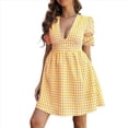 thumbnail image 3 of Vestido Midi con Estampado de Cuadros Retro para Mujer, Cuello en V, Corta, Volantes, Informal, Abotonado Amarillo M, 3 of 7