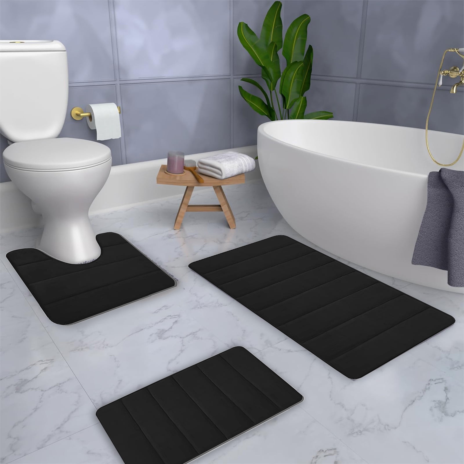 Meitianfacai Memory Foam Bath Mat Set, Thicken, Absorbent, Non-Slip, Reboundable, 3 Pieces Bathroom Rug 23.6"x15.7"+ 16.5"x14.9"+ U 19.7"x15.7" (Black)