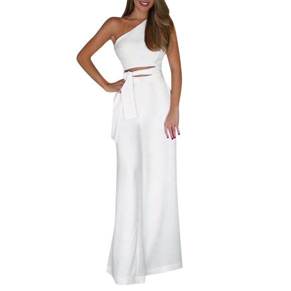 QTBIUQ Summer Women Solid Sleeveless Strapless Bandage Jumpsuit Long Wide Leg Trousers