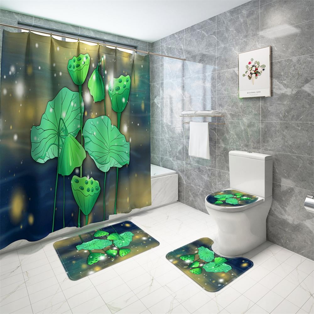  ArtSocket 4 Pcs Shower Curtain Set Stones Spa Oil Wood Massage  Relax Candle Modern Water Bamboo Green with Non-Slip Rugs Toilet Lid Cover  and Bath Mat Bathroom Decor Set 72 x