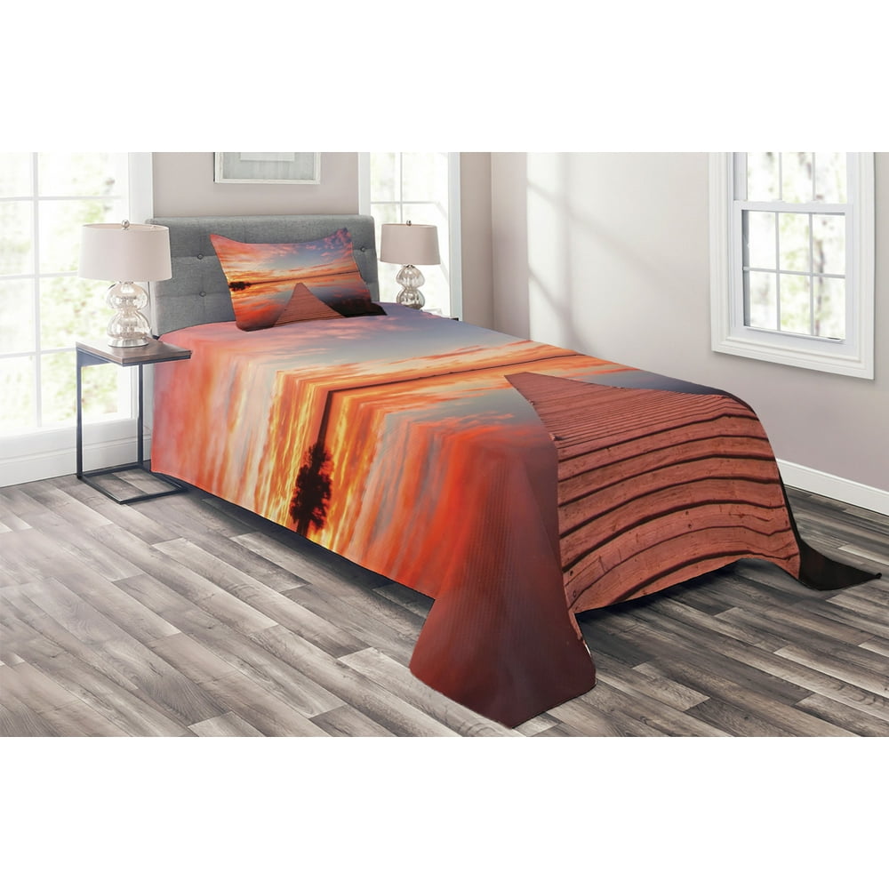 Lake House Coverlet Set, Long View of the Timber Deck Pier over Lake