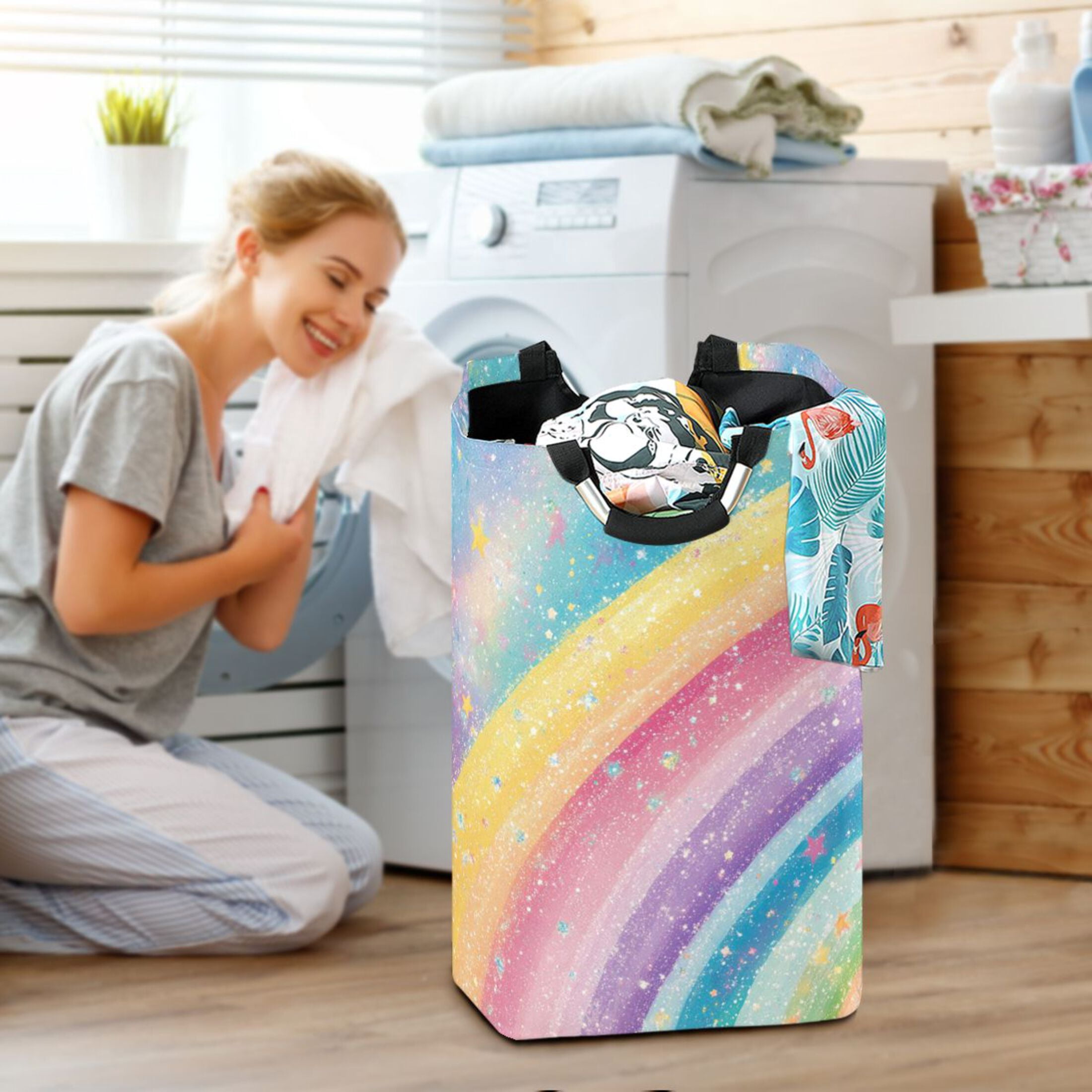 Laundry Basket Collapsible Laundry Basket Hamper with Handles for Dorm Clothes Toy Storage Glittery Rainbow