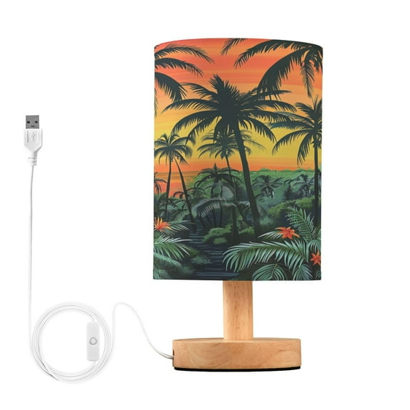 Sunset Tropical Forest Bedside Table Lamp Desk Warm Lights with USB Charging Port Cylinder LED Lamps for Bedroom Living Room Office