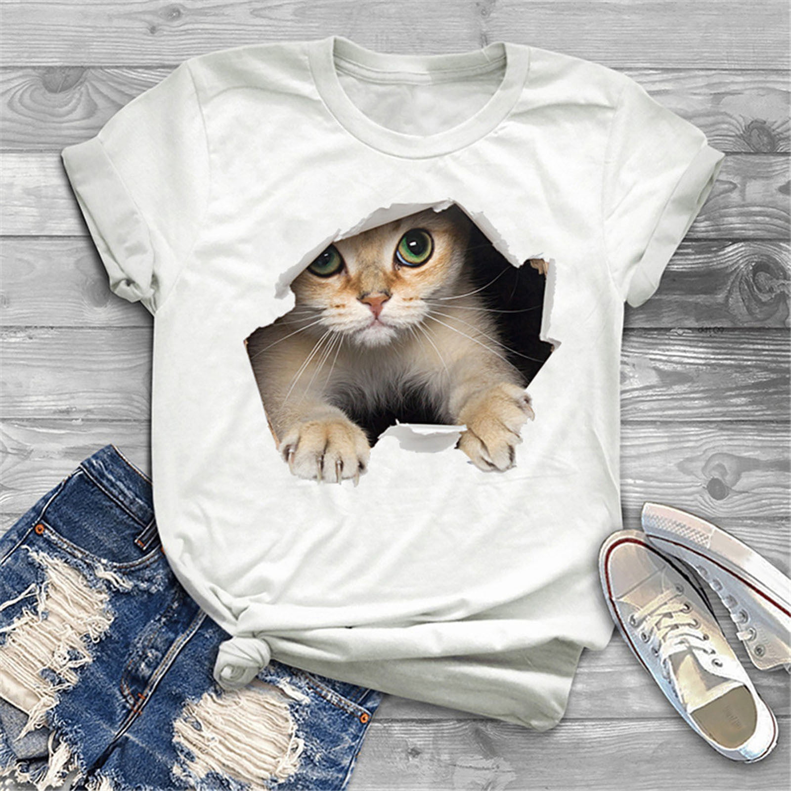 WGOUP Womens Tops Fashion Women Short Sleeveless 3D Cat Print Casual shirts Blouse White XXXXL - Walmart.com