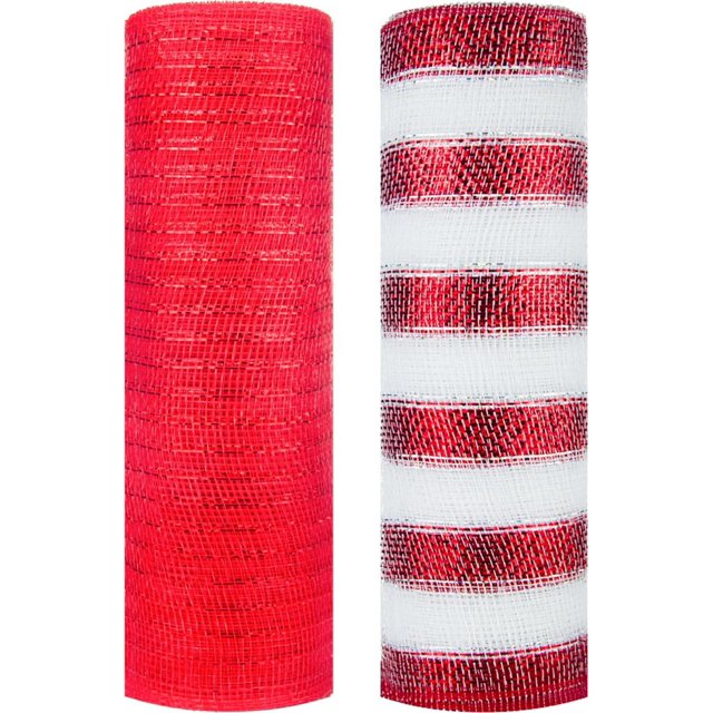 XINQIHANG 2 Rolls Decor Mesh Poly Ribbons 10 Inch x 30 Feet Each Roll Metallic Foil Mesh Ribbon Christmas Tree Decorative Mesh Red and White Rolls for Xmas Wreaths,Swags and Home Decorating