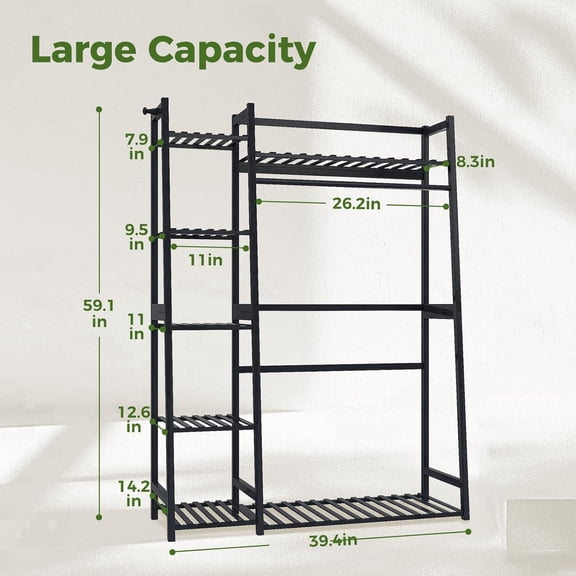 Plant Shelf Indoor 55" Tall Bamboo Plant Shelves 5 Tier Hanging Plant Stand Large Ladder Shelf Flower Stand Plant Holder Plant Rack for Garden Balcony Home Decor Living Room Bedroom Black