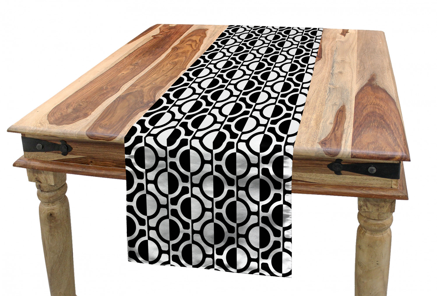 Black and White Table Runner, Lattice Pattern with Geometric Circles