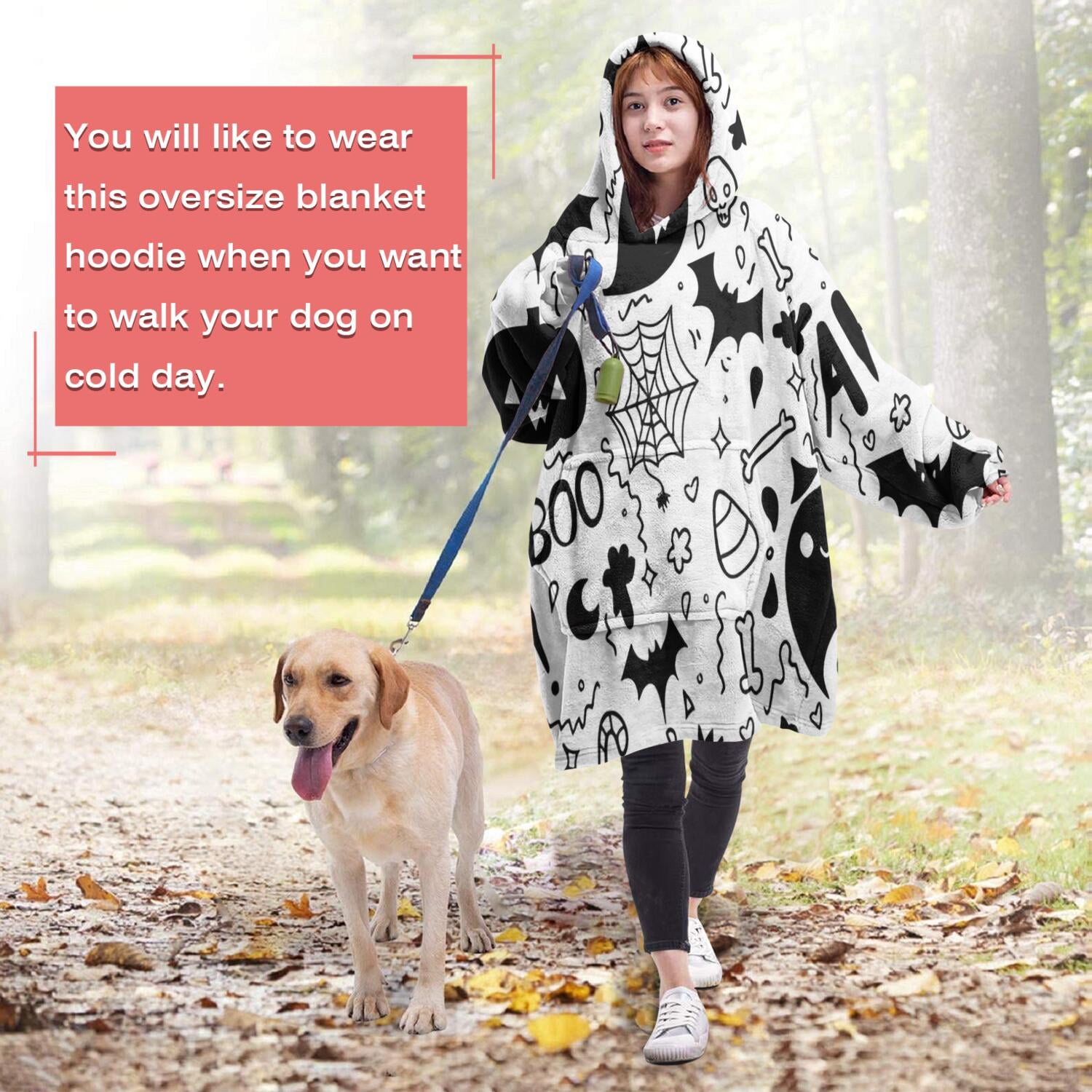 Wearable Oversized Blanket,Halloween Doodle Elements Wearable Blanket Hoodie for Adults,Cozy Hooded Blankets with Super Pockets,Super Warm Fuzzy Pullover for Women & Men
