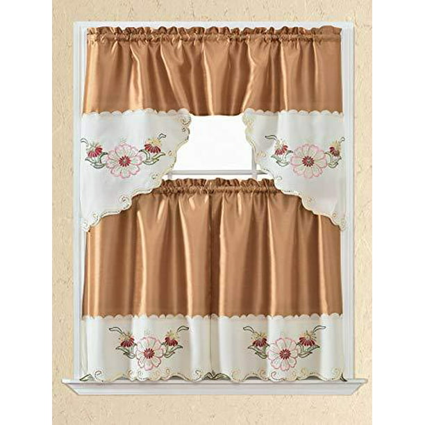 3pc Rod Pocket Embroidered Kitchen, Colorful Kitchen Curtains