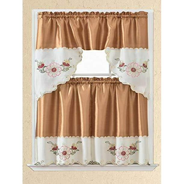 3pc Rod Pocket Embroidered Kitchen Curtains And Valances Set Swag Tier 36 Inch Length Fl Fruit Designs Many Colors Bt383 Gold Com 3pc Rod Pocket Embroidered Kitchen, Colorful Kitchen Curtains