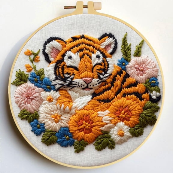Punch Needle Kits Tiger in Flowers Embroidery Starter Set with Hoop Easy for Beginners DIY Stress Relief Handmade Craft Hobby and Home Decor 20x20cm