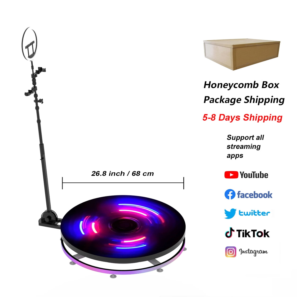 360 Photo Booth with Ring Light, Selfie Platform Metal Auto 360 Spin Camera Booth for Wedding Photo, Party Singing Show, Runway Show - 68cm  26.8