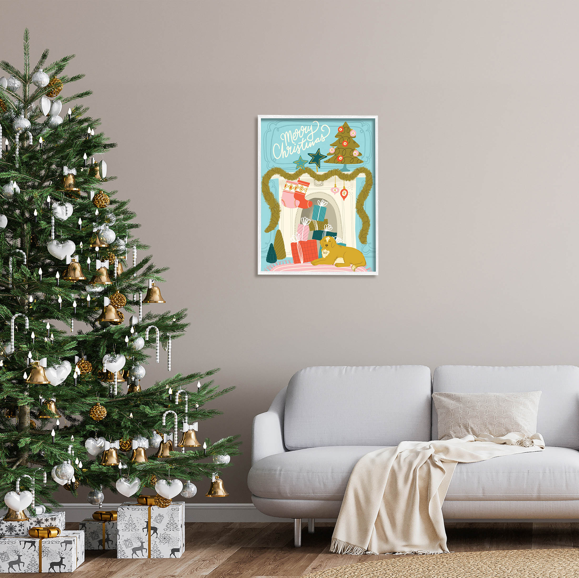 Stupell Industries Whimsical Fireplace Merry Christmas Graphic Art White Framed Art Print Wall Art, Design by Kristina Hultkrantz
