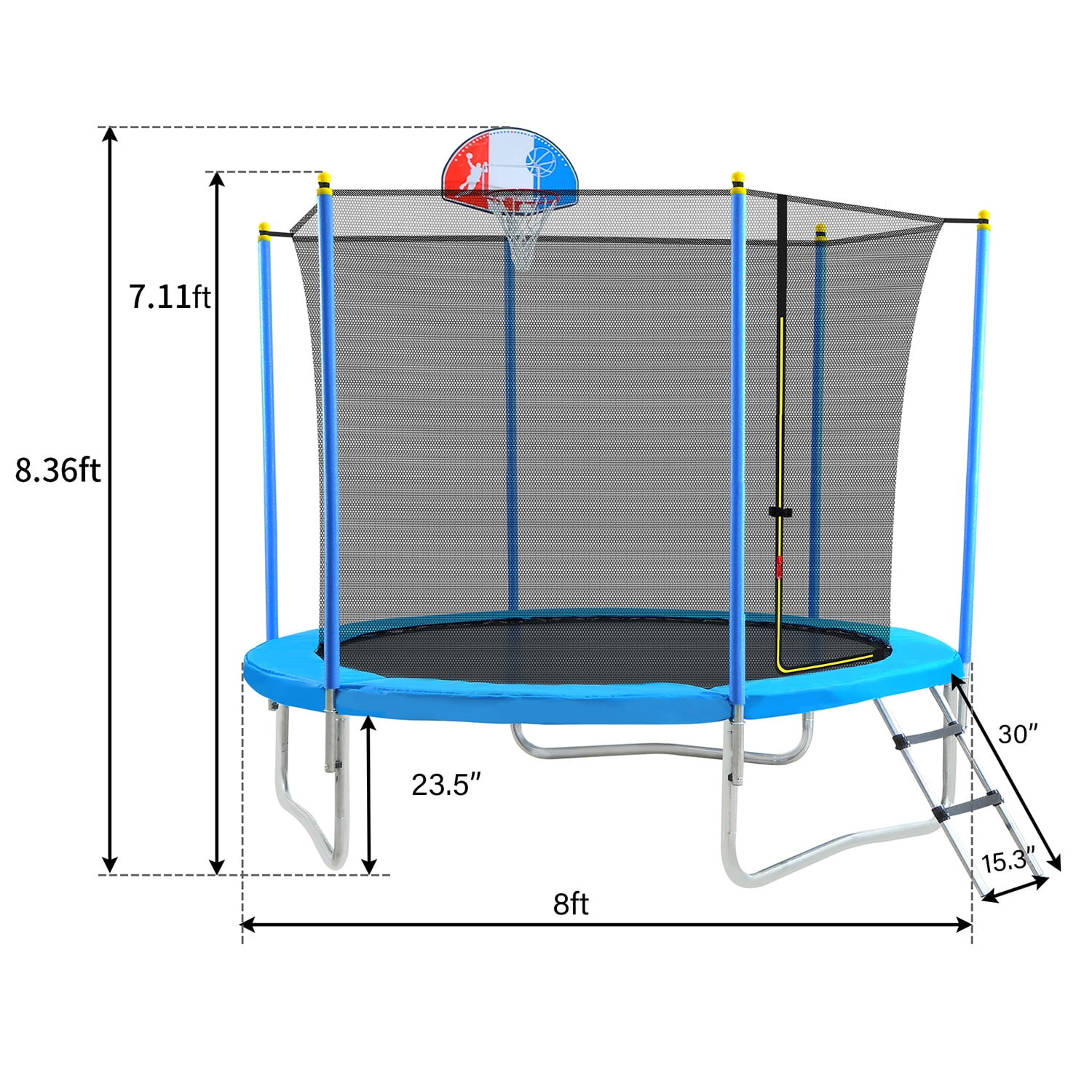 Kadyn Jumping Trampoline, 8FT Toddlers Trampoline with Safety Enclosure Net, Metal Mini Round Small Trampolines with Basketball Hoop and Ladder, Blue Kadyn Jumping Trampoline, 8FT Toddlers Trampoline with Safety Enclosure Net, Metal Mini Round Small Trampolines with Basketball Hoop and Ladder, Blue