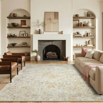 Jamfeel Vintage Floral Print Rugs Distressed Washable Low Pile Non-Slip Carpet for Living Room, Bedroom, Indoor Home Decor 5'x8' Beige