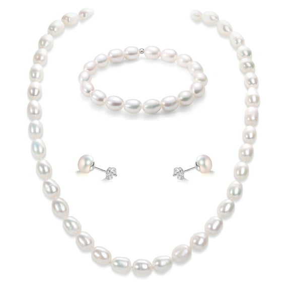 Bamiki 6-7mm Cultured White Pearl Jewelry Necklace Set with Bracelet & Stud Earrings, S925 Sterling Silver Adjustable Clasp Valentine's Day Gift for Her