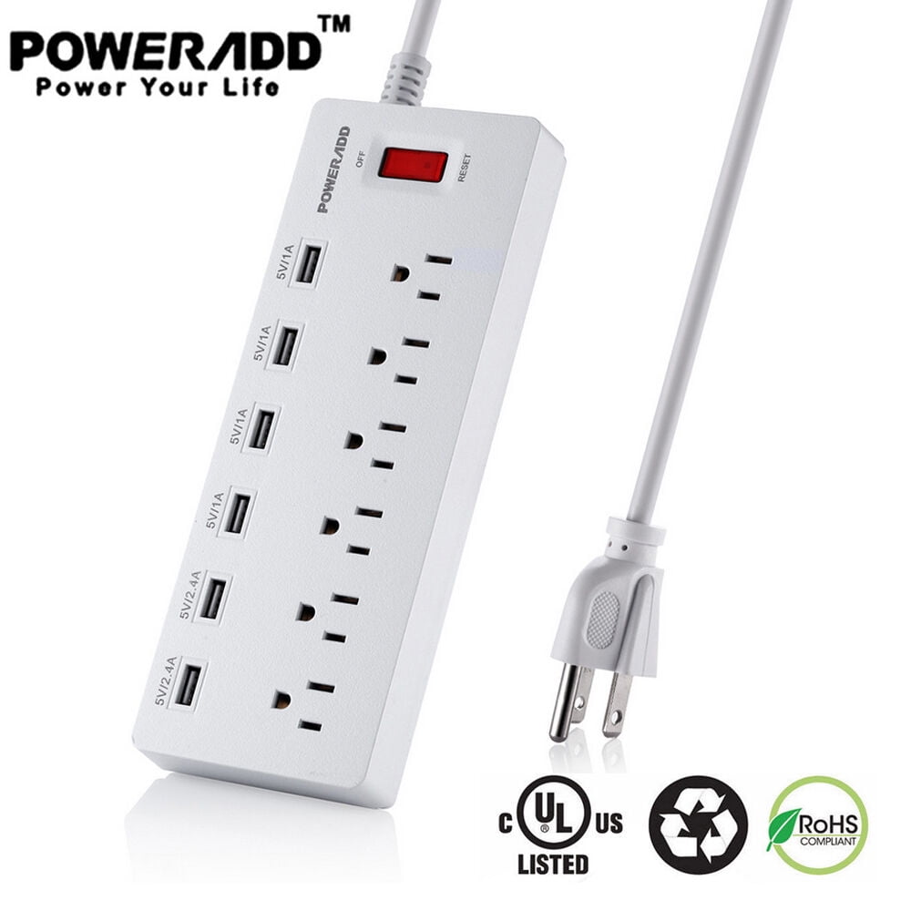 Poweradd 3 Outlet Power Strip Surge Protector Lightningproof with 3 USB Port 5ft