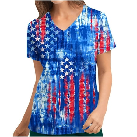

4th of July Shirts for Women Summer Vintage American Flag Print Short Sleeve V Neck Scrubs Tops Nurse Working Uniforms with Pockets