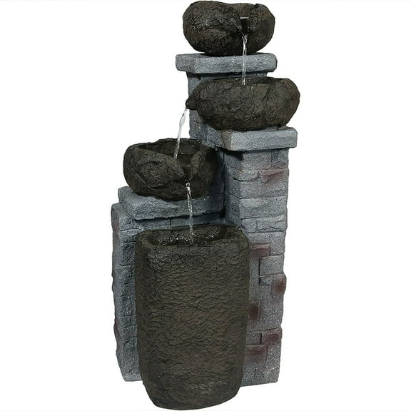 Sunnydaze Cascading Stone Bowls Contemporary Gray Polyresin Solar Fountain with LEDs