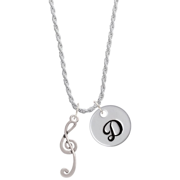 Delight Jewelry Silvertone Long Curly Clef Silvertone Script Initial Disc - D - Charm Necklace, 20"+3"
