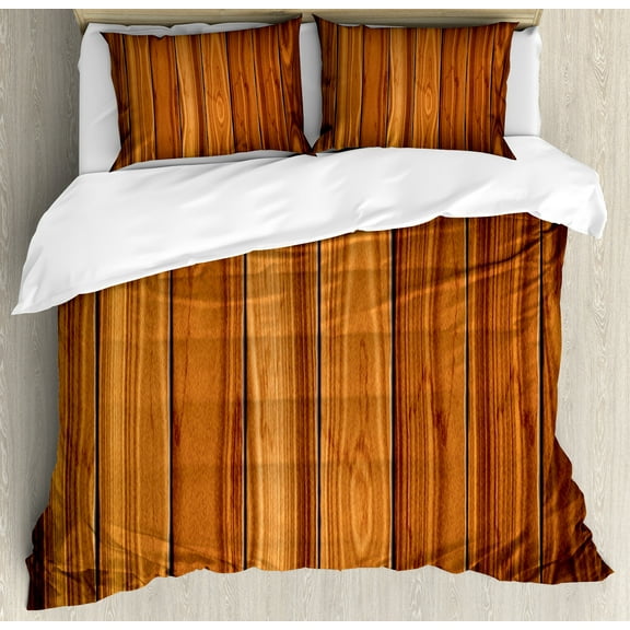 Rustic Duvet Cover Set, Vertical Wooden Planks Image Cottage Cabin Life in Countryside Theme, Decorative 3 Piece Bedding Set with 2 Pillow Shams, King Size, Pale Caramel and Orange, by Ambesonne