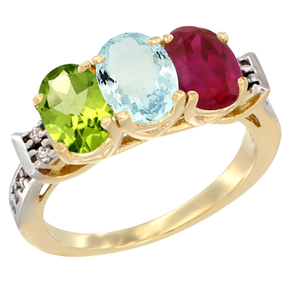 14K Yellow Gold Natural Peridot, Aquamarine & Enhanced Ruby Ring 3-Stone 7x5 mm Oval Diamond Accent, sizes 5 10 by WorldJewels