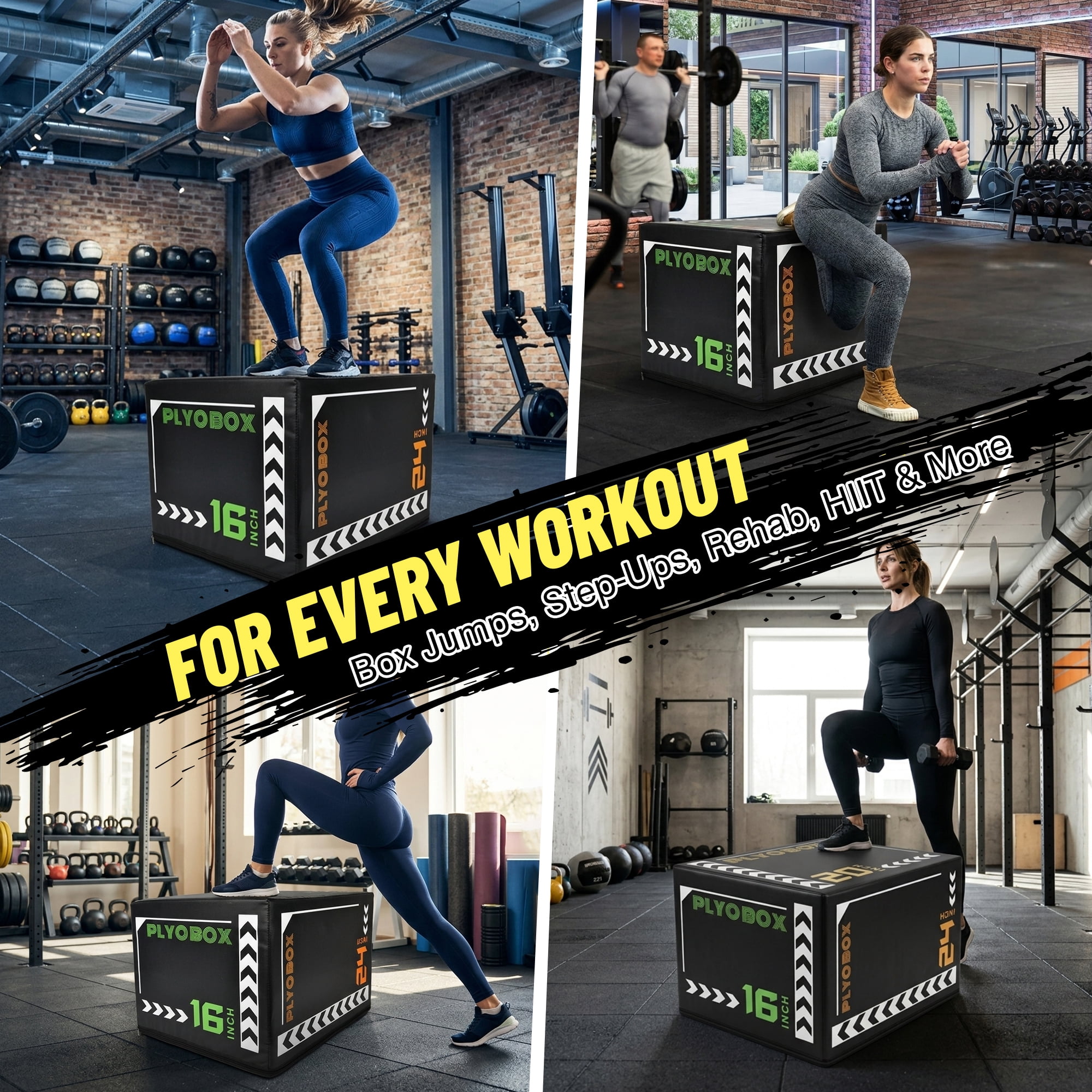 Leumius 3-in-1 Foam Plyometric Jump Box for Home Gym,16/20/24 Inch Multiple Height Options,Versatile Plyo with Non-Slip Surface for Strength, HIIT, Step-Ups, and Agility Training,Black