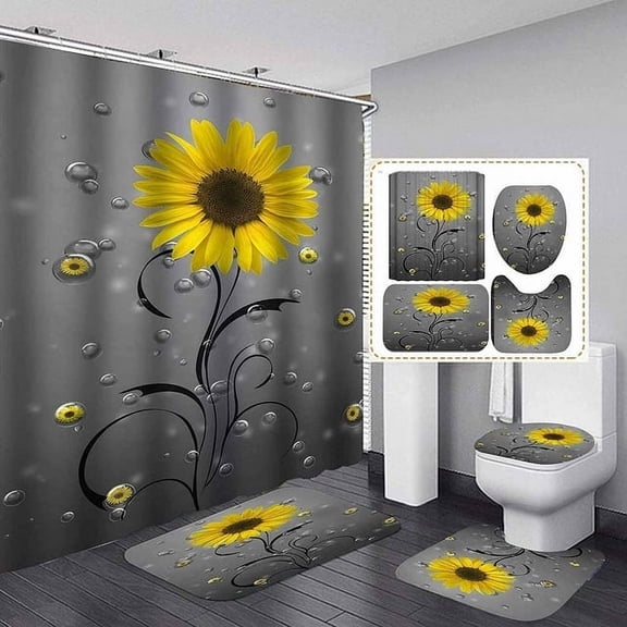 4 PCS Sunflower Shower Curtain Sets with Non-Slip Rugs and Toilet Lid Cover Sunset Colorful Bath Decor Shower Curtains 72"x 72" with 12 Hooks Durable Waterproof for Bathroom