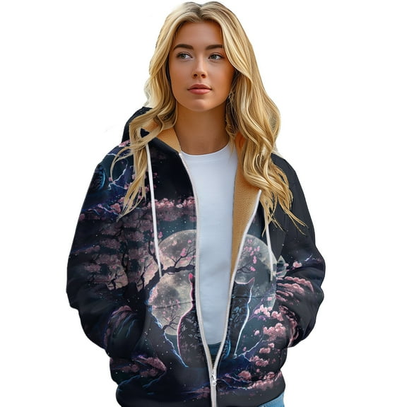 winter clothes Women's Padded Long Zip Sweatshirt Cat Colour Print Hoodie sizes XS-6XL