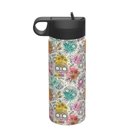 

Susaid Skull and Flowers Print 18oz Sports Insulated Kettle Stainless Steel Water Bottle For Running Hiking Cycling Climbing