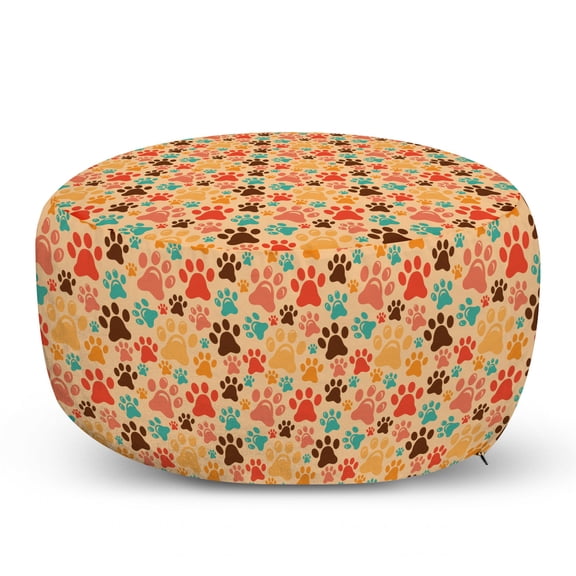 Dog Lover Pouf Cover with Zipper, Colorful Paw Print Pattern with Various Sizes Abstract Animal Canine and Feline, Soft Decorative Fabric Unstuffed Case, 30" W X 17.3" L, Multicolor, by Ambesonne