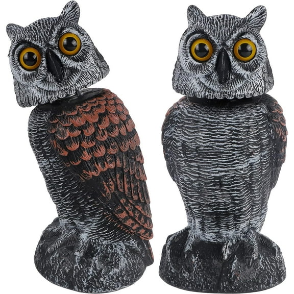 2 Pack Fake Owl Decoys to Scare Birds Away, Rotating Head Plastic Owl Bird Deterrents, 10.6 Inch Height Bird Scarecrow Nature Enemy Horned Pest Repellent for Outdoor Garden Yard