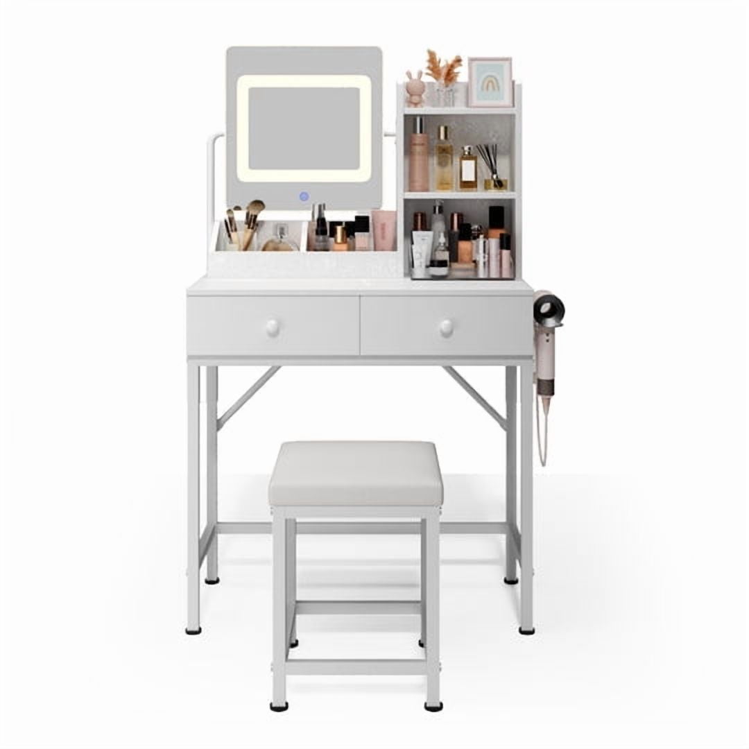 Aiho Dressing Table, Get Ready with Me GRWM 2-Piece Vanity and Stool with Lighted Mirror, 31.5" Makeup Vanity with 3 Color Lights - White
