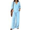 thumbnail image 4 of Lightweight Linen 2 Piece Outfit, Women's V-Neck 3/4 Sleeve Top & Loose Wide Leg Pants for Summer & Travel, Sky Blue S, 4 of 9