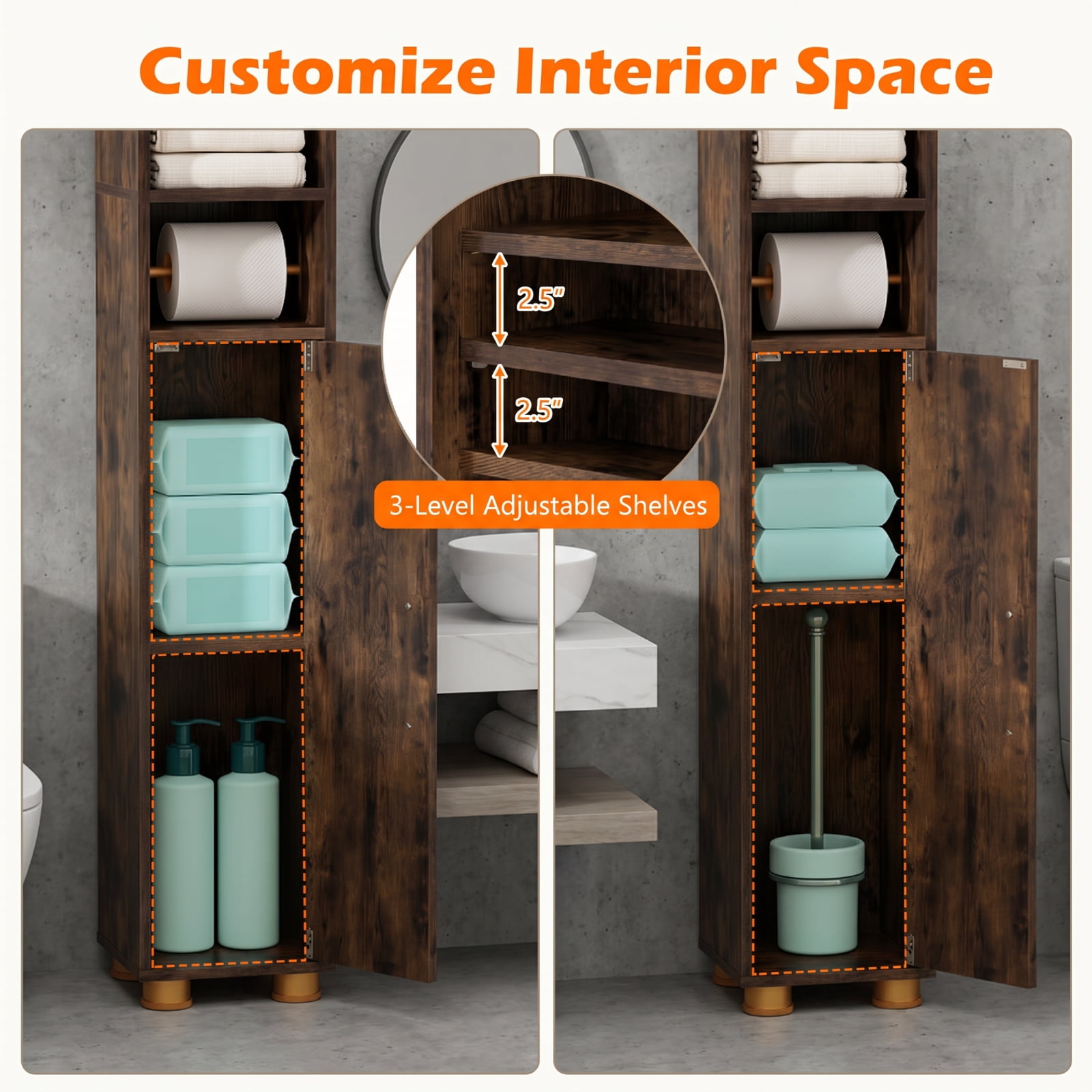 Vebreda Narrow Bathroom Storage Cabinet, Tall Freestanding Slim Cabinet with 2 Closed Cabinets, Open Shelves and Toilet Paper Holder, Adjustable Shelves and Hook, Rustic Brown