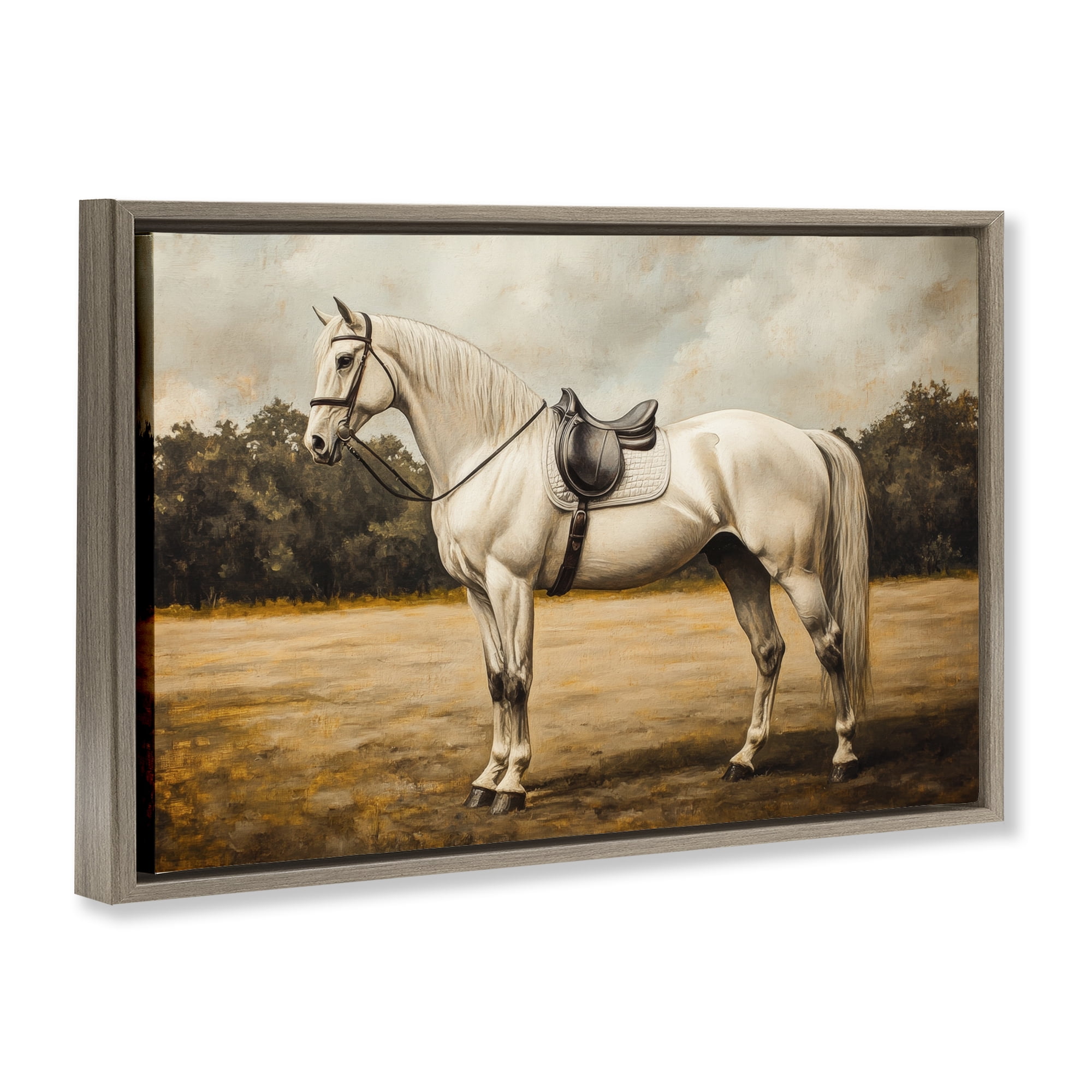 Stupell Industries White Mare with Saddle Brown Framed Floater Canvas Wall Art, design by Petal Prints Design