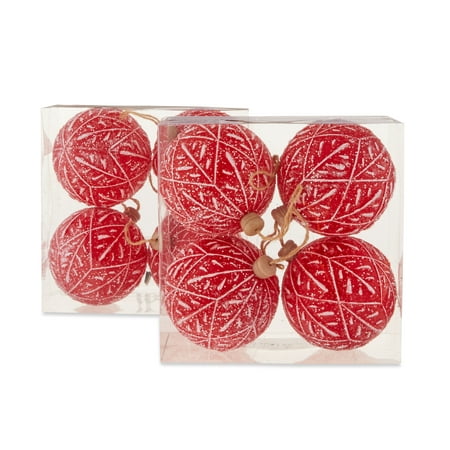 Red and White Embossed Leaves Christmas Ball Ornament Set,8 Count, by Holiday Time