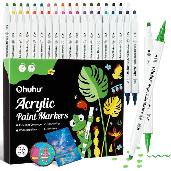 Ohuhu Acrylic Paint Markers, 36 Colors, Dual Tip Brush & Dot, Cotton Core, Waterproof, for Rock & Wood Art