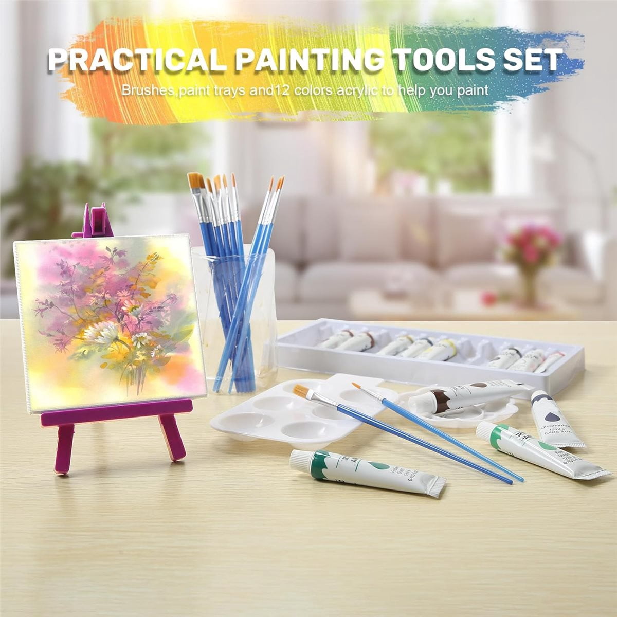 24 Pcs Canvas and Easel Set,Adult Party Painting Kit,24 Pcs 4" X 4" Art Easel Stand, 24 Brushes&Palette for DIY & Gifts