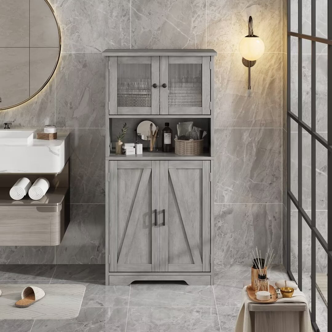 50" Kitchen Pantry Storage Cabinet with Glass Doors & Adjustable Shelves, Wooden Storage Cabinet for Kitchen Bathroom Living Room, Gray