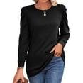 thumbnail image 3 of Top de manga larga con hombros plisados, cuello redondo, color puro, corte holgado, jersey informal para mujer, Top para otoño invierno, negro M, 3 of 6