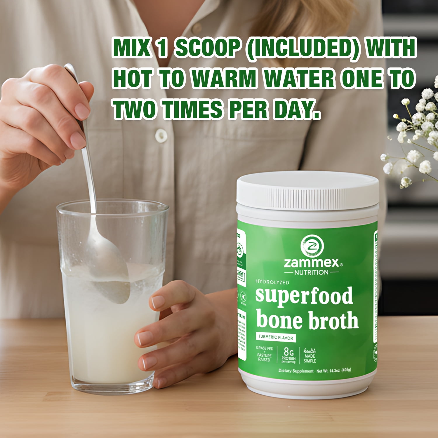 Zammex Bone Broth Protein Powder 14.3oz, Beef Superfood Bone Broth Hydrolyzed Collagen Peptides Type I& III With Vitamin D, 30 Servings, Turmeric Flavor